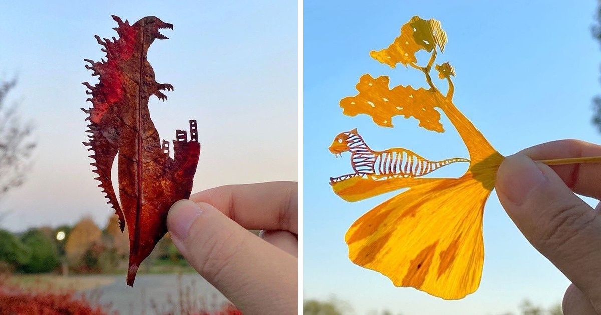 Artista japonés utiliza las hojas de los árboles como lienzos para crear detalladas escenas de la naturaleza