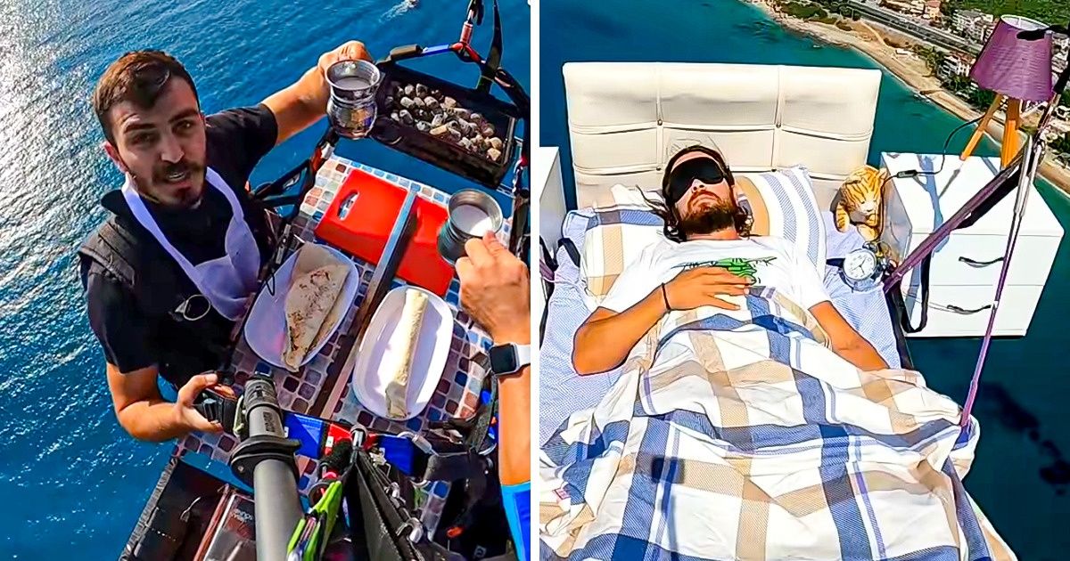 Deportista recrea situaciones de la vida diaria mientras se tira en parapente. ¡No recomendable para quienes sufren de vértigo! Deportista recrea situaciones de la vida diaria mientras se tira en parapente. ¡No recomendable para quienes sufren de vértigo!