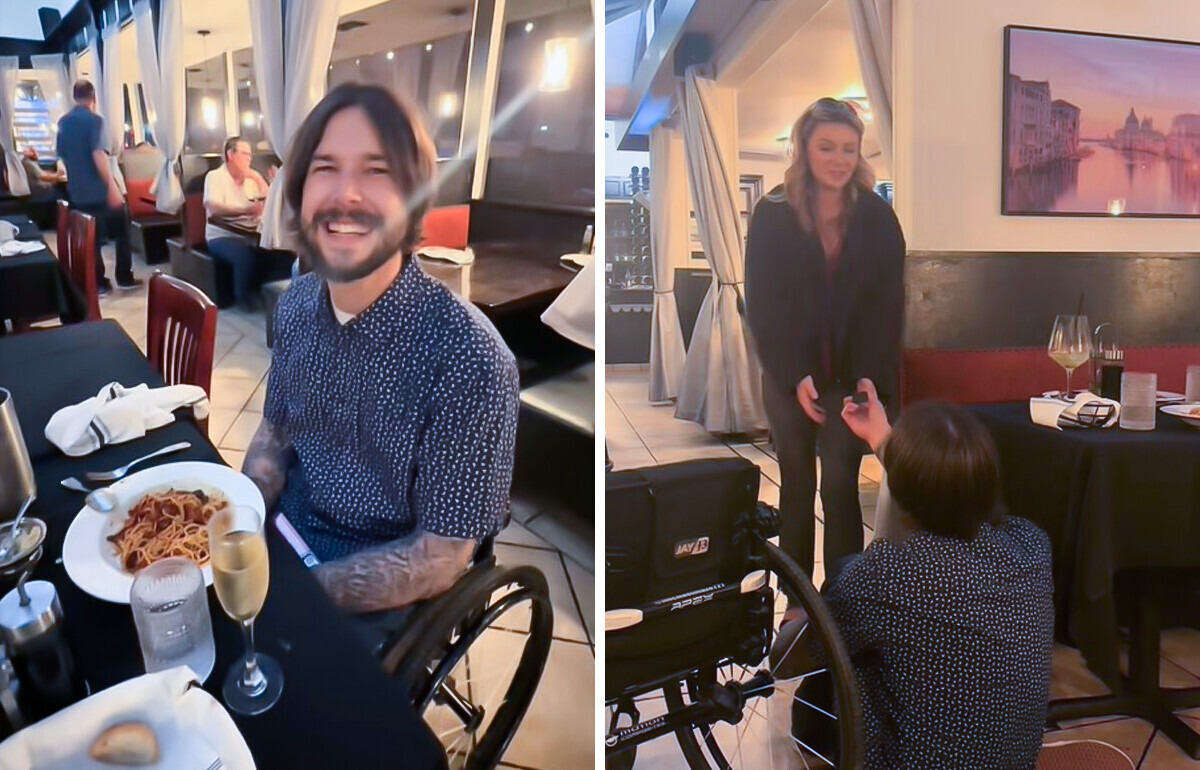 Novio con paraplejia se arrodilla ante su novia para pedirle matrimonio Novio con paraplejia se arrodilla ante su novia para pedirle matrimonio