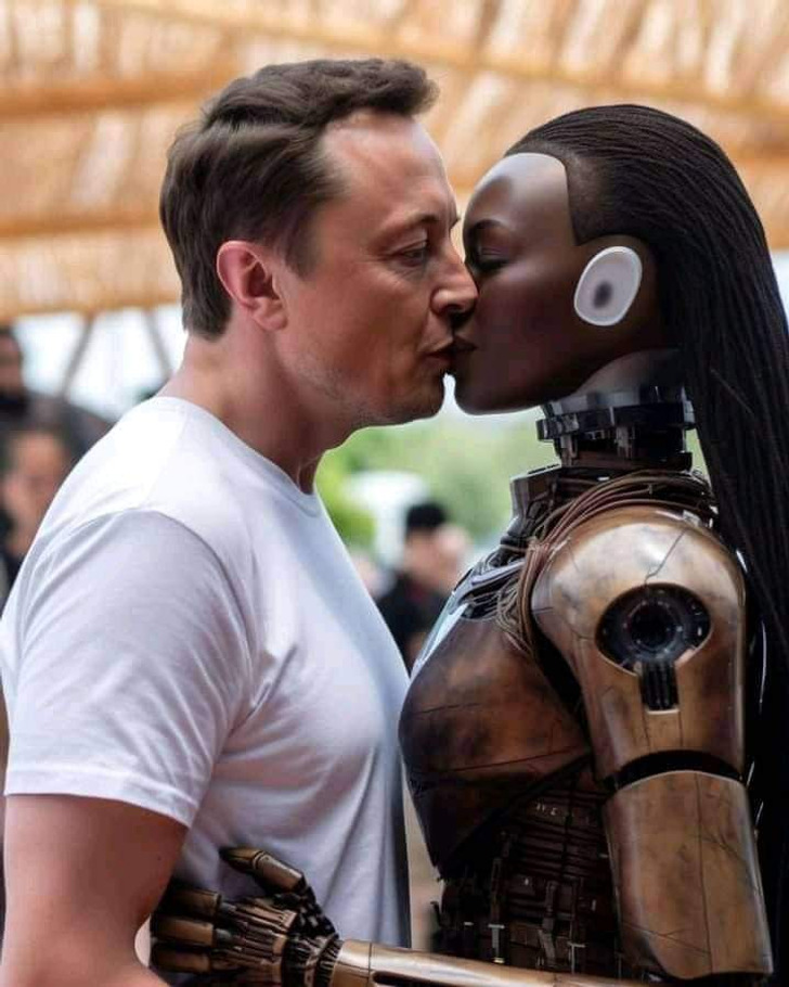 La imagen del polémico beso de Elon Musk a un robot se hace viral e intriga a usuarios de Internet